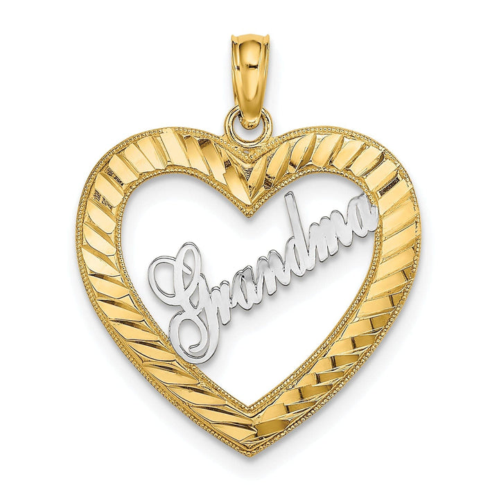 Lovely Rita's Pendants & Charms 14k Yellow Gold, White RhodiumPolished Diamond Cut Finish Heart Shape Script GRANDMA Charm Pendant