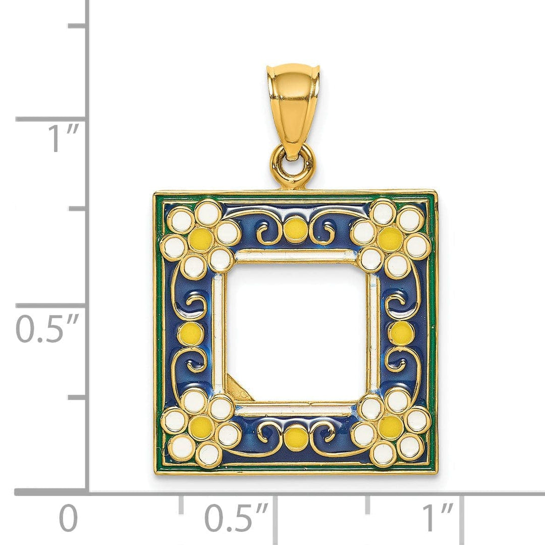 Lovely Rita's Pendants & Charms 14k Yellow Gold with Enamel Hallow Open Back Polished Finish Navy Picture Frame with Flowers Charm Pendant