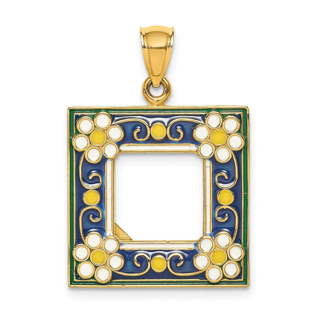 Lovely Rita's Pendants & Charms 14k Yellow Gold with Enamel Hallow Open Back Polished Finish Navy Picture Frame with Flowers Charm Pendant