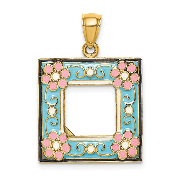 Lovely Rita's Pendants & Charms 14k Yellow Gold with Multi-colored Enamel Hallow Open Back Polished Finish Aqua Picture Frame with flowers Charm Pendant