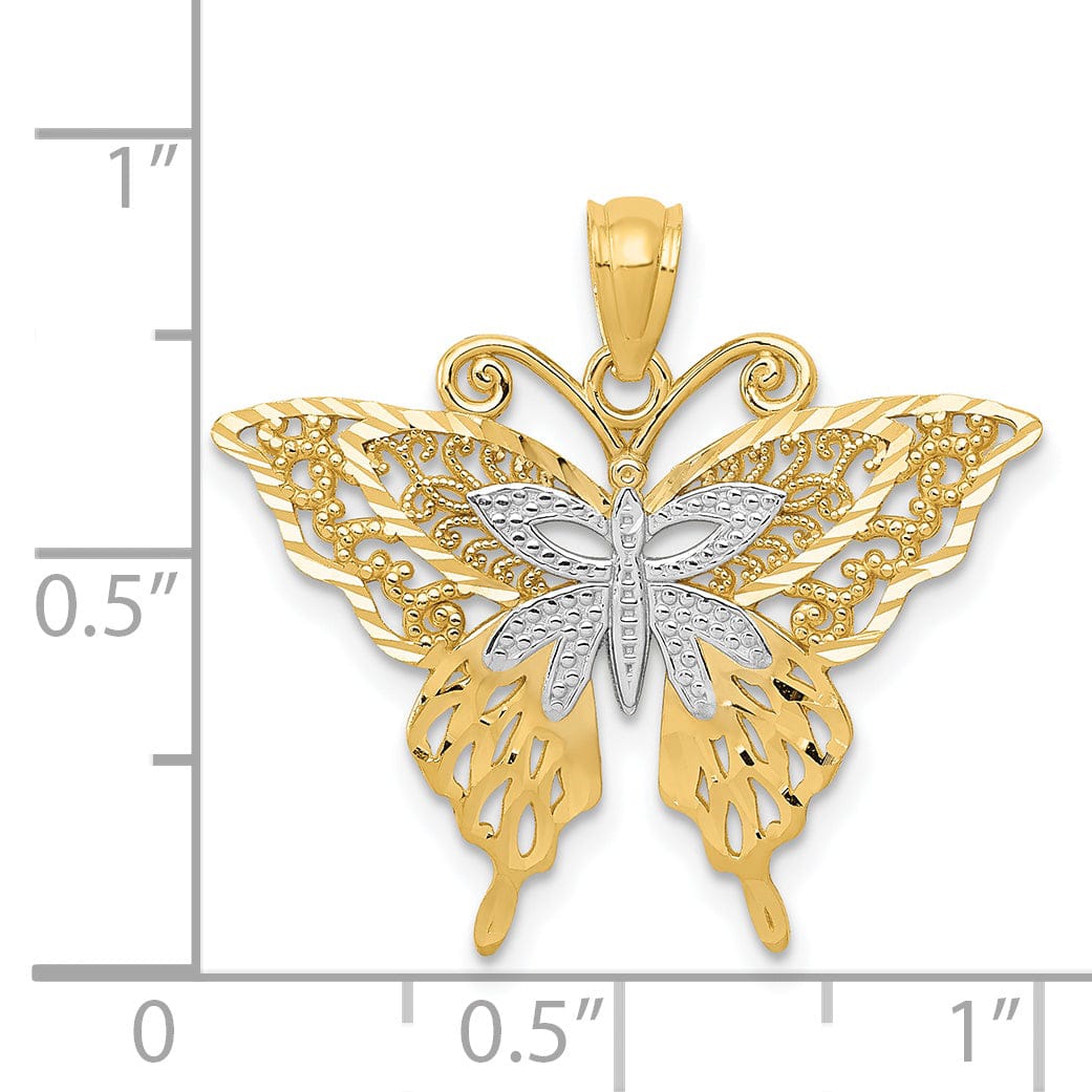 Lovely Rita's Pendants & Charms 14k Yellow Gold with Rhodium Open Back Casted Solid Polished Finish Diamond-cut Fancy Butterfly Charm Pendant