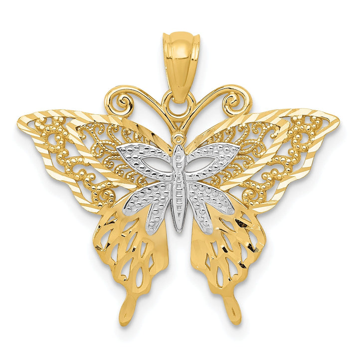 Lovely Rita's Pendants & Charms 14k Yellow Gold with Rhodium Open Back Casted Solid Polished Finish Diamond-cut Fancy Butterfly Charm Pendant