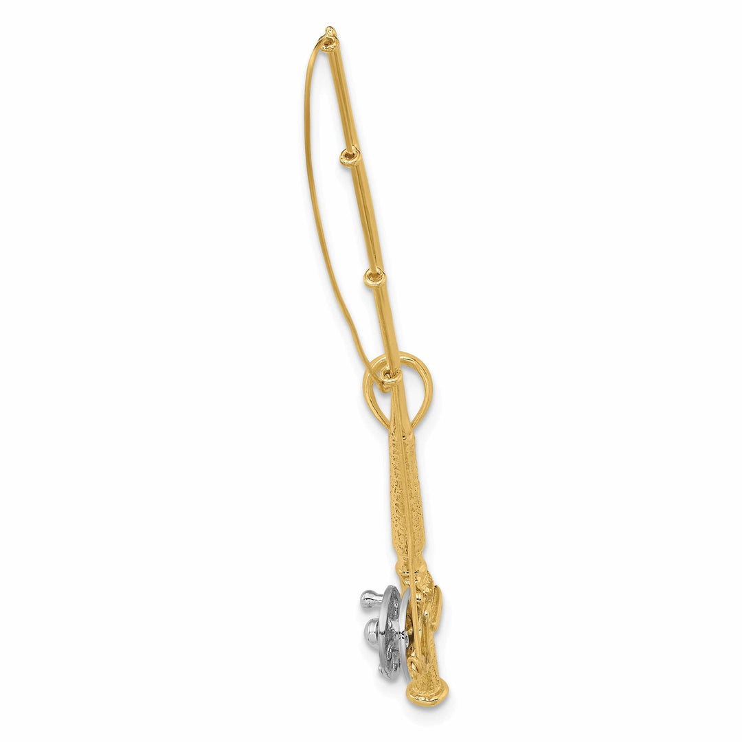 Lovely Rita's Pendants & Charms 14K Yellow Gold With Rhodium Polished Finish 3-Dimensional Fly Rod Fishing Pole With Reel Charm Pendant