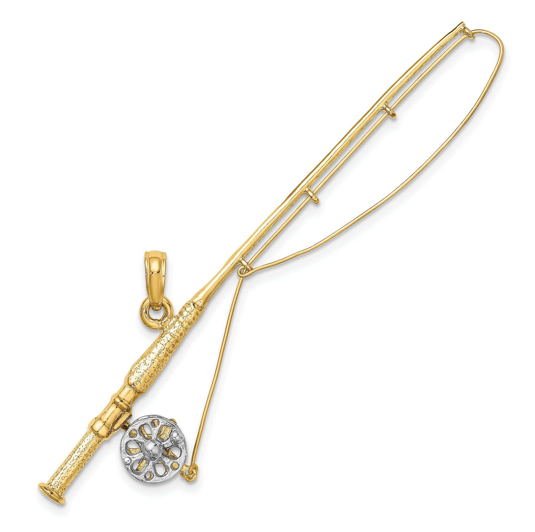 Lovely Rita's Pendants & Charms 14K Yellow Gold With Rhodium Polished Finish 3-Dimensional Fly Rod Fishing Pole With Reel Charm Pendant
