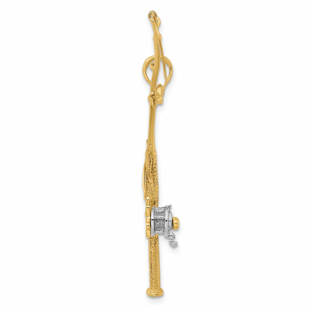 Lovely Rita's Pendants & Charms 14K Yellow Gold With Rhodium Polished Finish 3-Dimensional Moveable Fishing Pole With Reel Charm Pendant