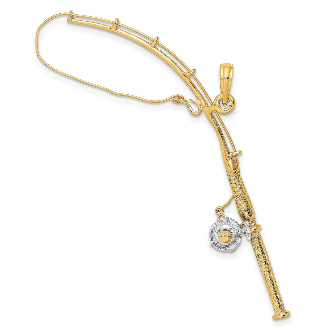 Lovely Rita's Pendants & Charms 14K Yellow Gold With Rhodium Polished Finish 3-Dimensional Moveable Fishing Pole With Reel Charm Pendant