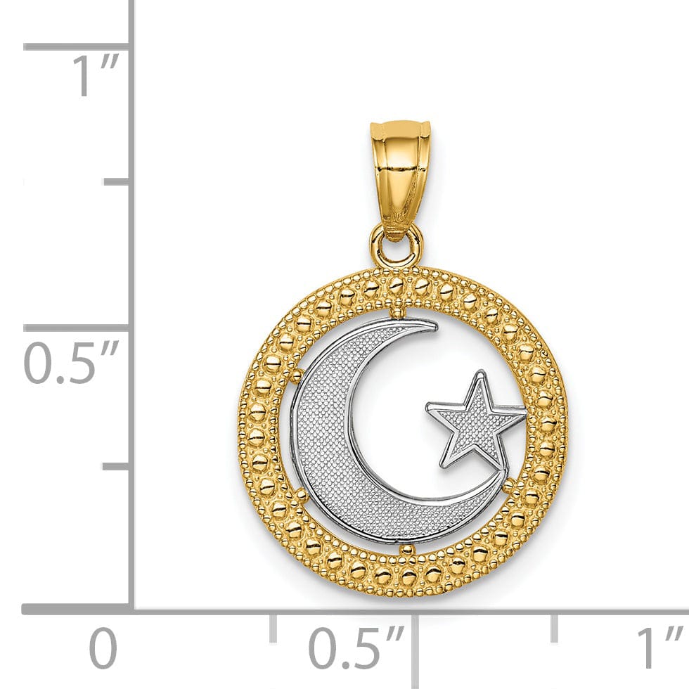 Lovely Rita's Pendants & Charms 14K Yellow Gold with Rhodium Solid Textured Polished Finish Circle Star & Moon Charm Pendant