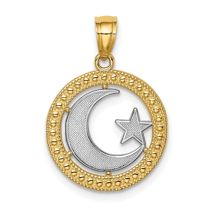 Lovely Rita's Pendants & Charms 14K Yellow Gold with Rhodium Solid Textured Polished Finish Circle Star & Moon Charm Pendant