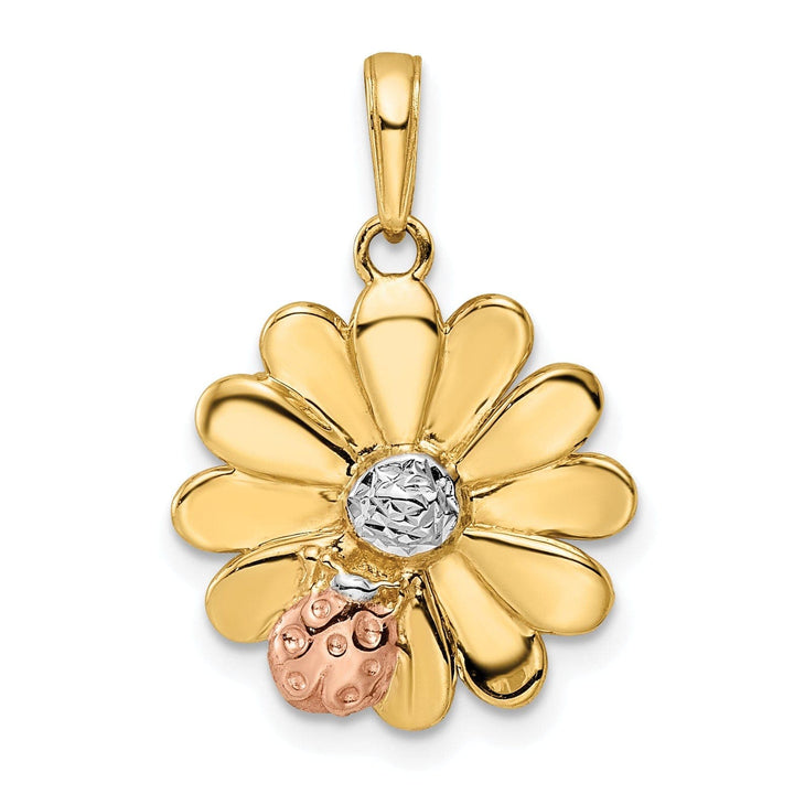 Lovely Rita's Pendants & Charms 14k Yellow Gold with White and Rose Rhodium Casted Closed Back Solid Polished Finish Diamond-cut Ladybug on Flower Charm Pendant