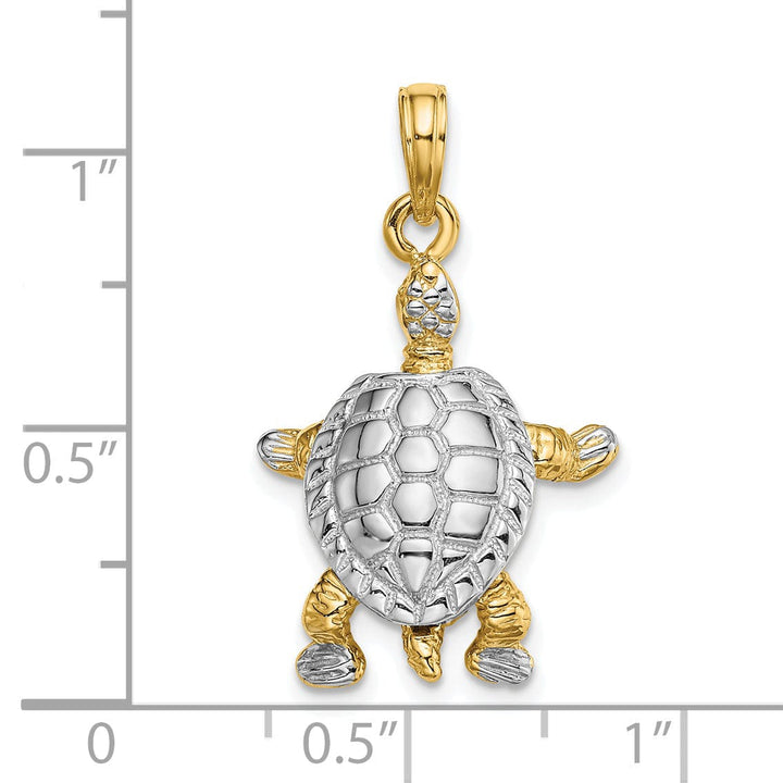 Lovely Rita's Pendants & Charms 14k Yellow Gold with White Rhodium Solid Casted Textured and Polished Finish 3D Land Turtle with Moveable Head Charm Pendant