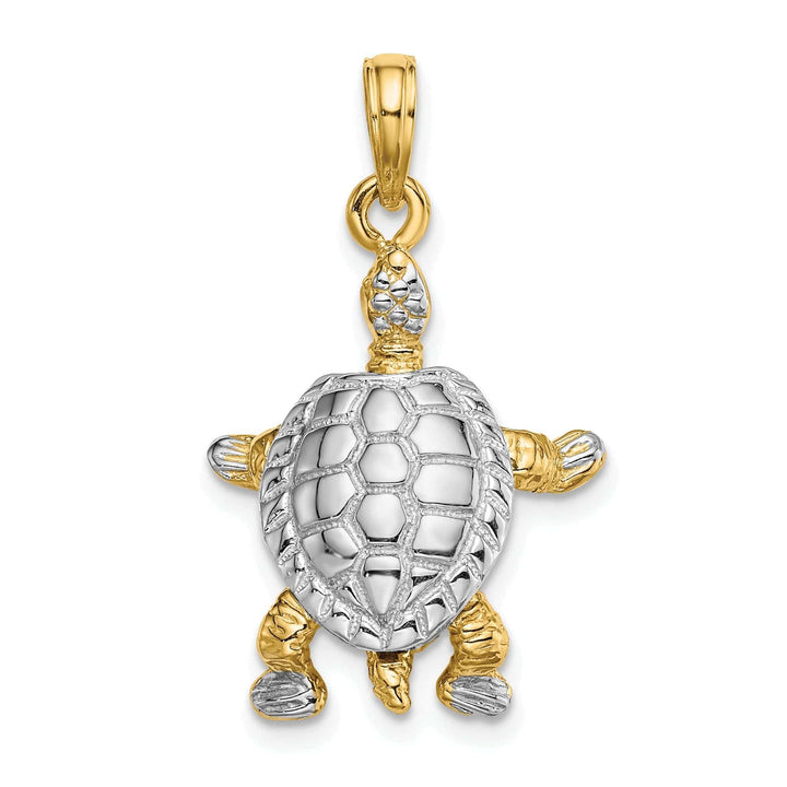 Lovely Rita's Pendants & Charms 14k Yellow Gold with White Rhodium Solid Casted Textured and Polished Finish 3D Land Turtle with Moveable Head Charm Pendant