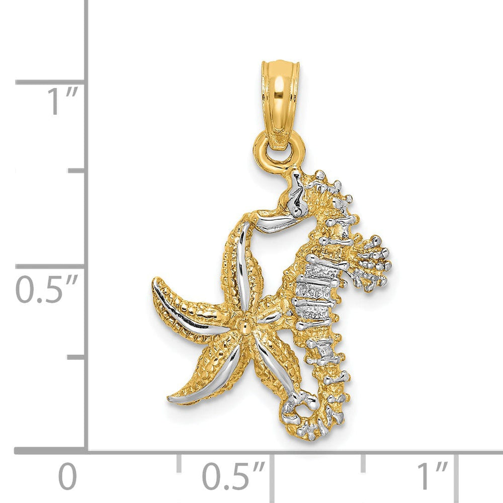 Lovely Rita's Pendants & Charms 14K Yellow Gold with White Rhodium Texture Polished Finish 3-Dimensional Seahorse and Starfish Design Charm Pendant