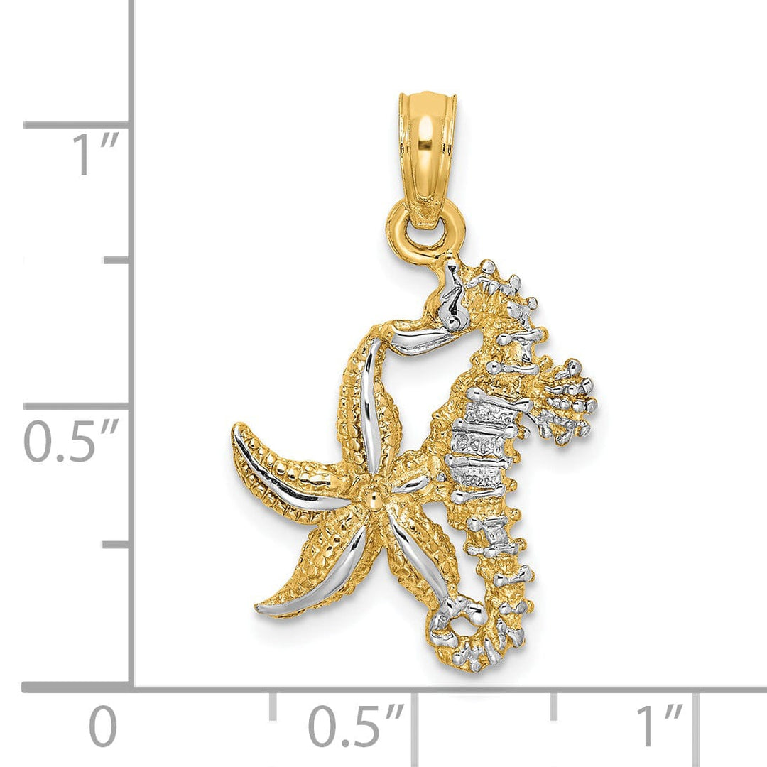 Lovely Rita's Pendants & Charms 14K Yellow Gold with White Rhodium Texture Polished Finish 3-Dimensional Seahorse and Starfish Design Charm Pendant