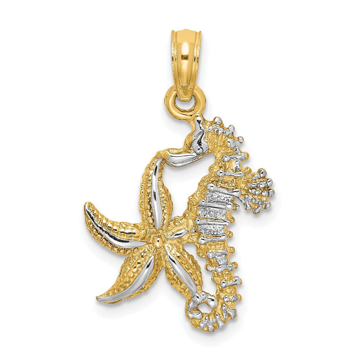 Lovely Rita's Pendants & Charms 14K Yellow Gold with White Rhodium Texture Polished Finish 3-Dimensional Seahorse and Starfish Design Charm Pendant