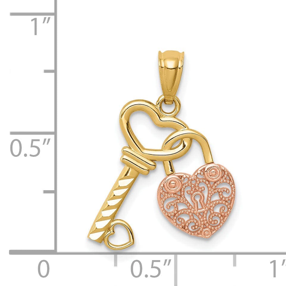 Lovely Rita's Pendants & Charms 14K Yellow Rose Gold Filigree Heart Lock Design and Key Charm Pendant