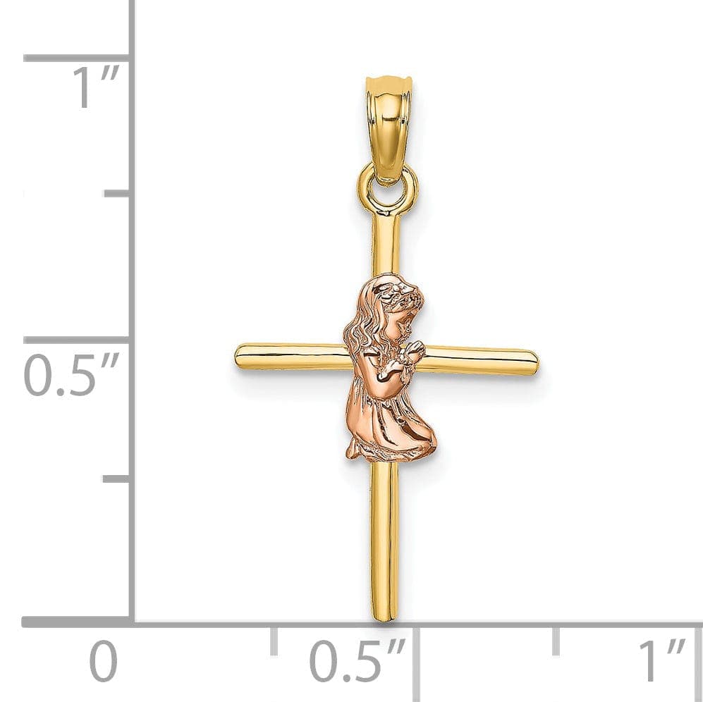 Lovely Rita's Pendants & Charms 14k Yellow Rose Gold Polish 2-D Concave Praying Girl on Cross Pendant