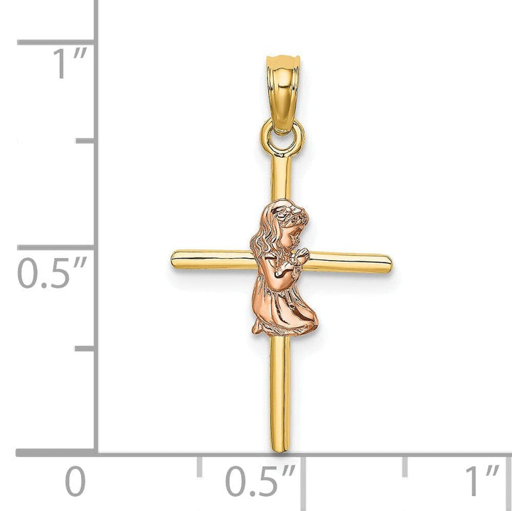 Lovely Rita's Pendants & Charms 14k Yellow Rose Gold Polish 2-D Concave Praying Girl on Cross Pendant