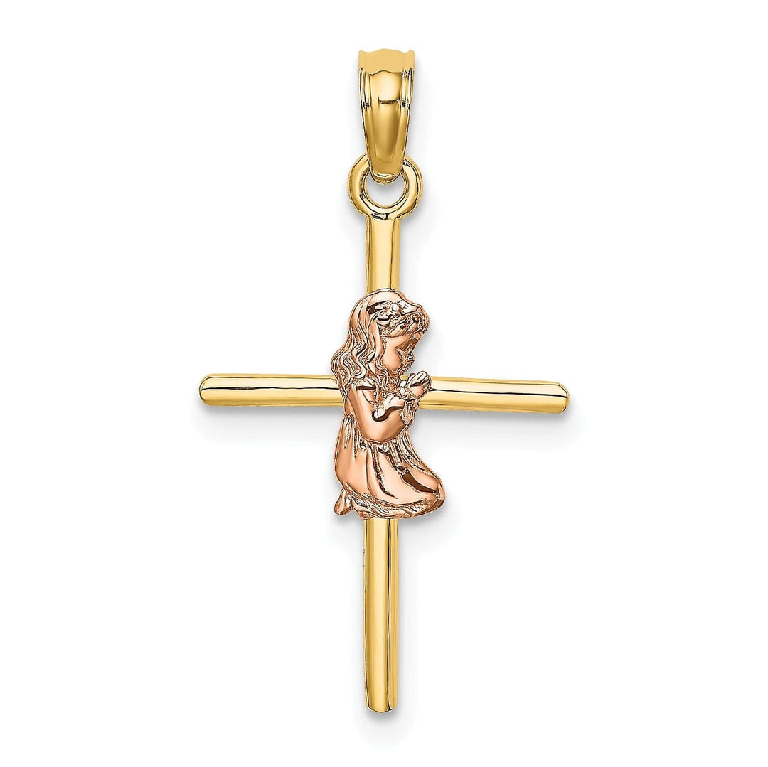 Lovely Rita's Pendants & Charms 14k Yellow Rose Gold Polish 2-D Concave Praying Girl on Cross Pendant