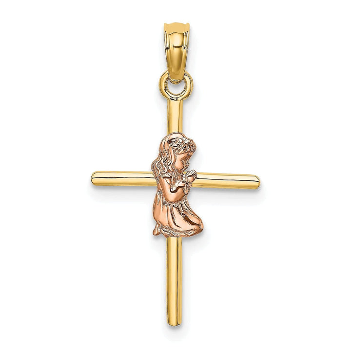 Lovely Rita's Pendants & Charms 14k Yellow Rose Gold Polish 2-D Concave Praying Girl on Cross Pendant