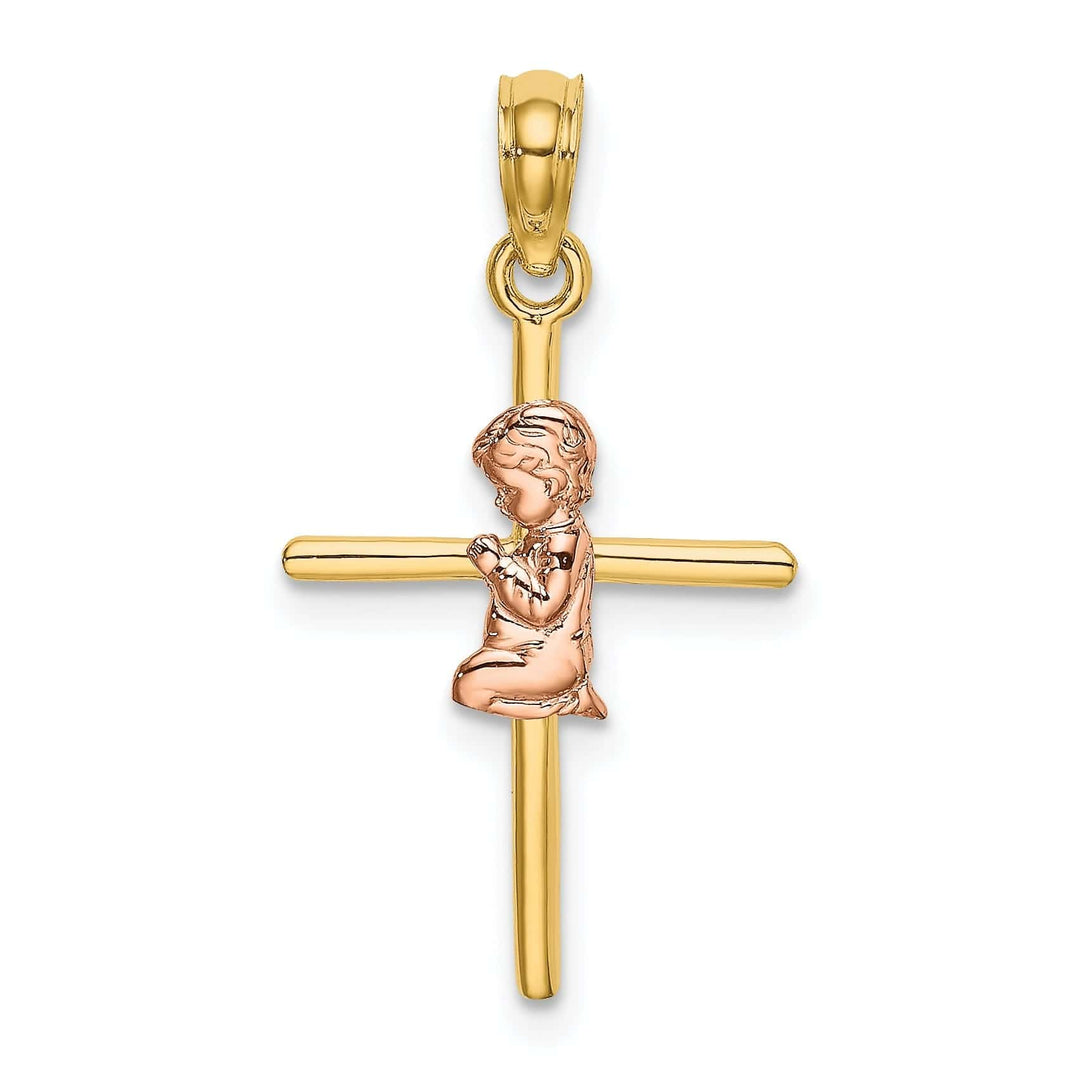 Lovely Rita's Pendants & Charms 14k Yellow Rose Gold Polished 2-D Concave Praying Boy on Cross Pendant