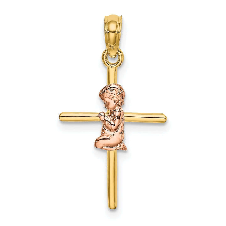 Lovely Rita's Pendants & Charms 14k Yellow Rose Gold Polished 2-D Concave Praying Boy on Cross Pendant