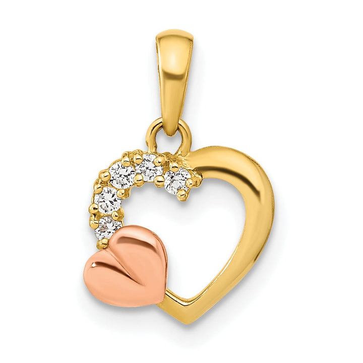 Lovely Rita's Pendants & Charms 14K Yellow, Rose Gold Polished Finish Open Back Women's with Cubic Zirconia Stones Heart on Heart Design Charm Pendant
