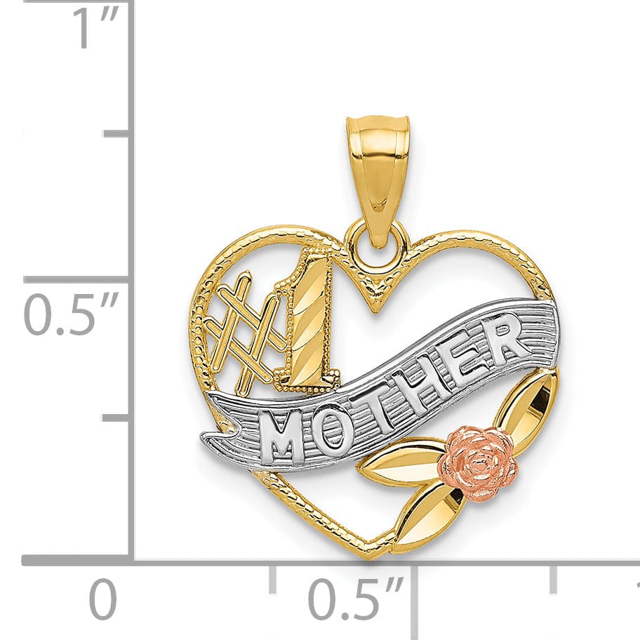 Lovely Rita's Pendants & Charms 14k Yellow Rose Gold Rhodium D.C Polished Finish #1 Mother in Heart with Rose Design Pendant