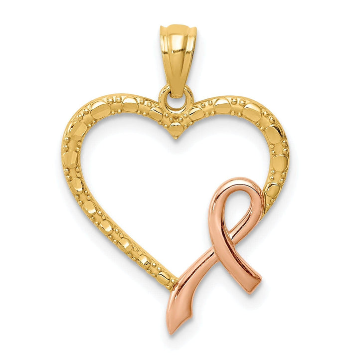 Lovely Rita's Pendants & Charms 14K Yellow Rose Gold Solid Concave Shape Pink Ribbon Heart Design Pendant