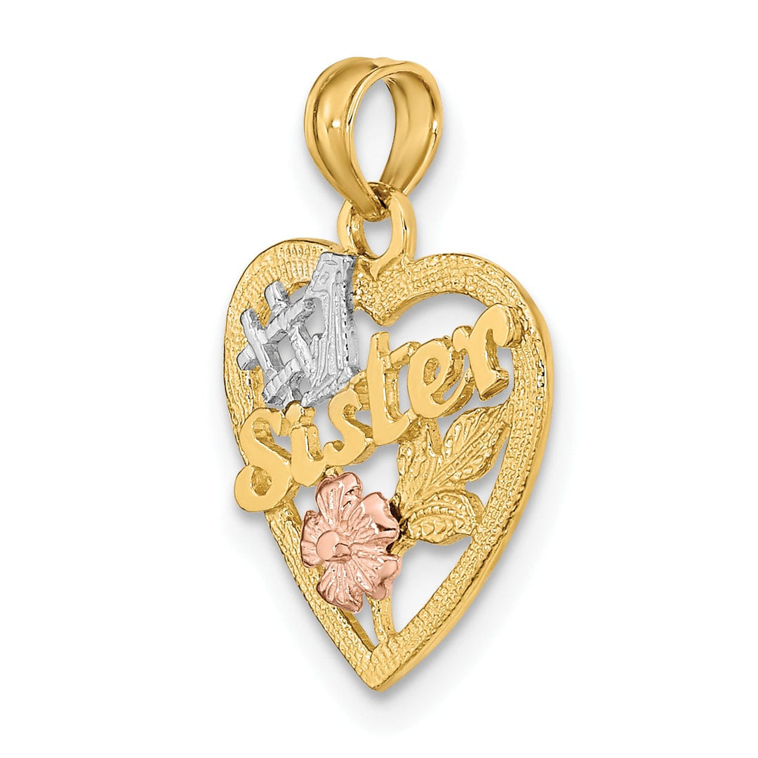 Lovely Rita's Pendants & Charms 14k Yellow, Rose, Gold White Rhodium #1 SISTER In Heart with Flower Design Charm Pendant