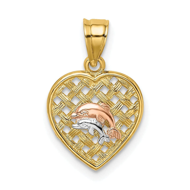 Lovely Rita's Pendants & Charms 14K Yellow Rose Gold White Rhodium 2 Dolphins in Basket Woven Wieve Design Heart Charm Pendant
