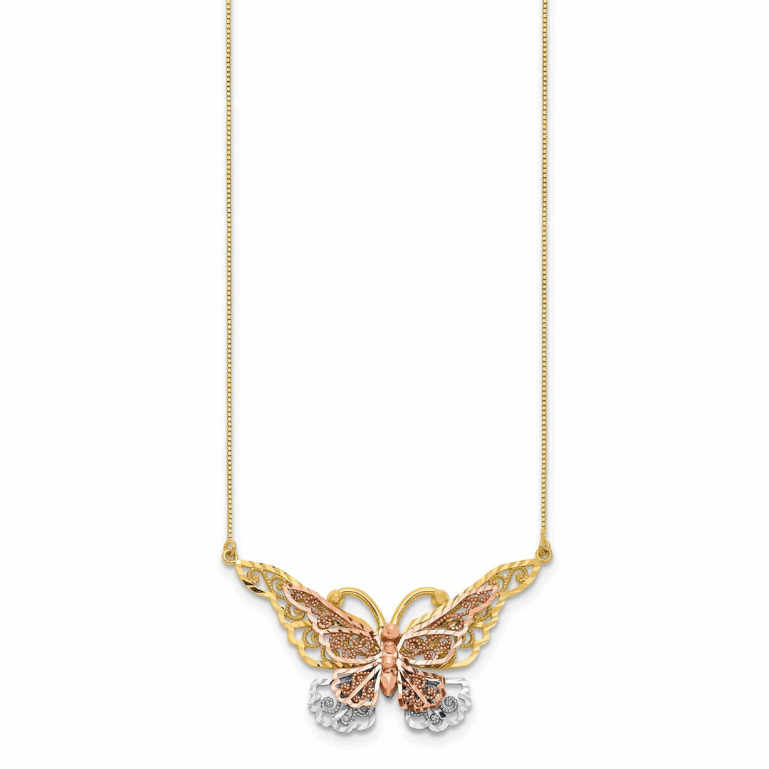 Lovely Rita's Pendants & Charms 14k Yellow, Rose Gold, White Rhodium Diamond Cut Finish Solid Butterfly Design Pendant in a 18-inch Box Chain Necklace Set