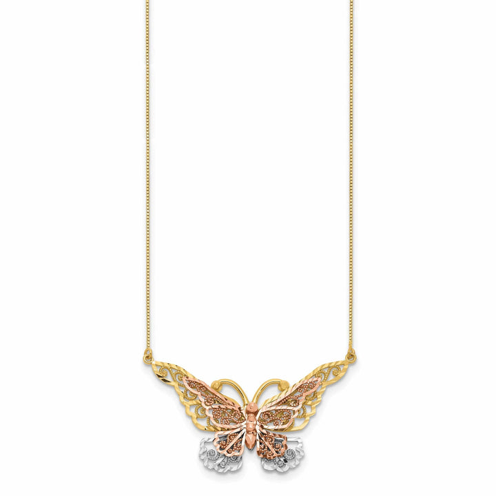 Lovely Rita's Pendants & Charms 14k Yellow, Rose Gold, White Rhodium Diamond Cut Finish Solid Butterfly Design Pendant in a 18-inch Box Chain Necklace Set