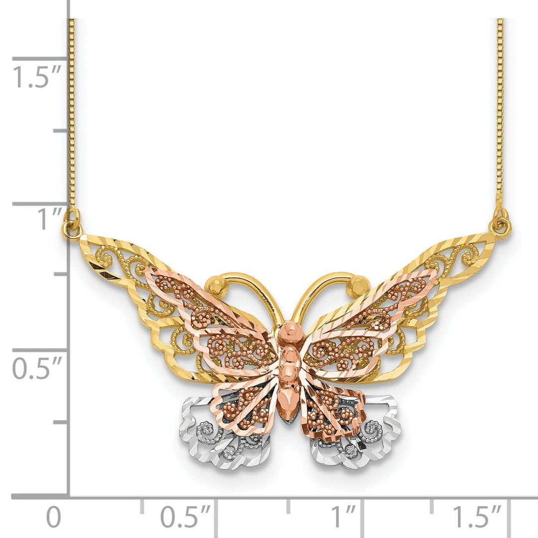 Lovely Rita's Pendants & Charms 14k Yellow, Rose Gold, White Rhodium Diamond Cut Finish Solid Butterfly Design Pendant in a 18-inch Box Chain Necklace Set