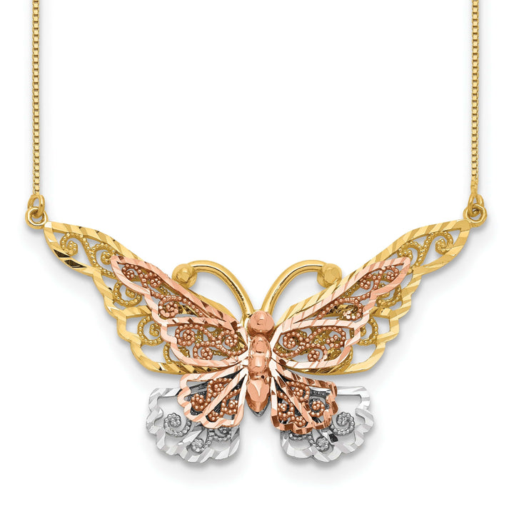 Lovely Rita's Pendants & Charms 14k Yellow, Rose Gold, White Rhodium Diamond Cut Finish Solid Butterfly Design Pendant in a 18-inch Box Chain Necklace Set