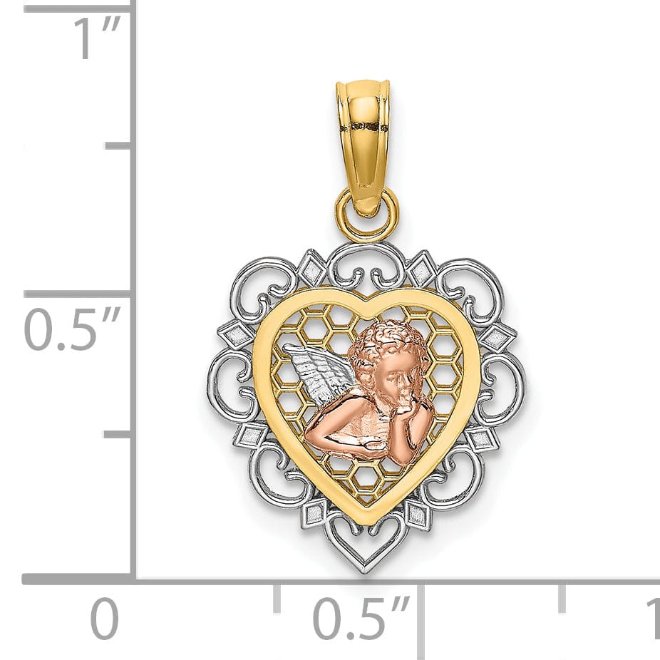Lovely Rita's Pendants & Charms 14K Yellow Rose Gold White Rhodium Heart Shape Angel Medal Pendant