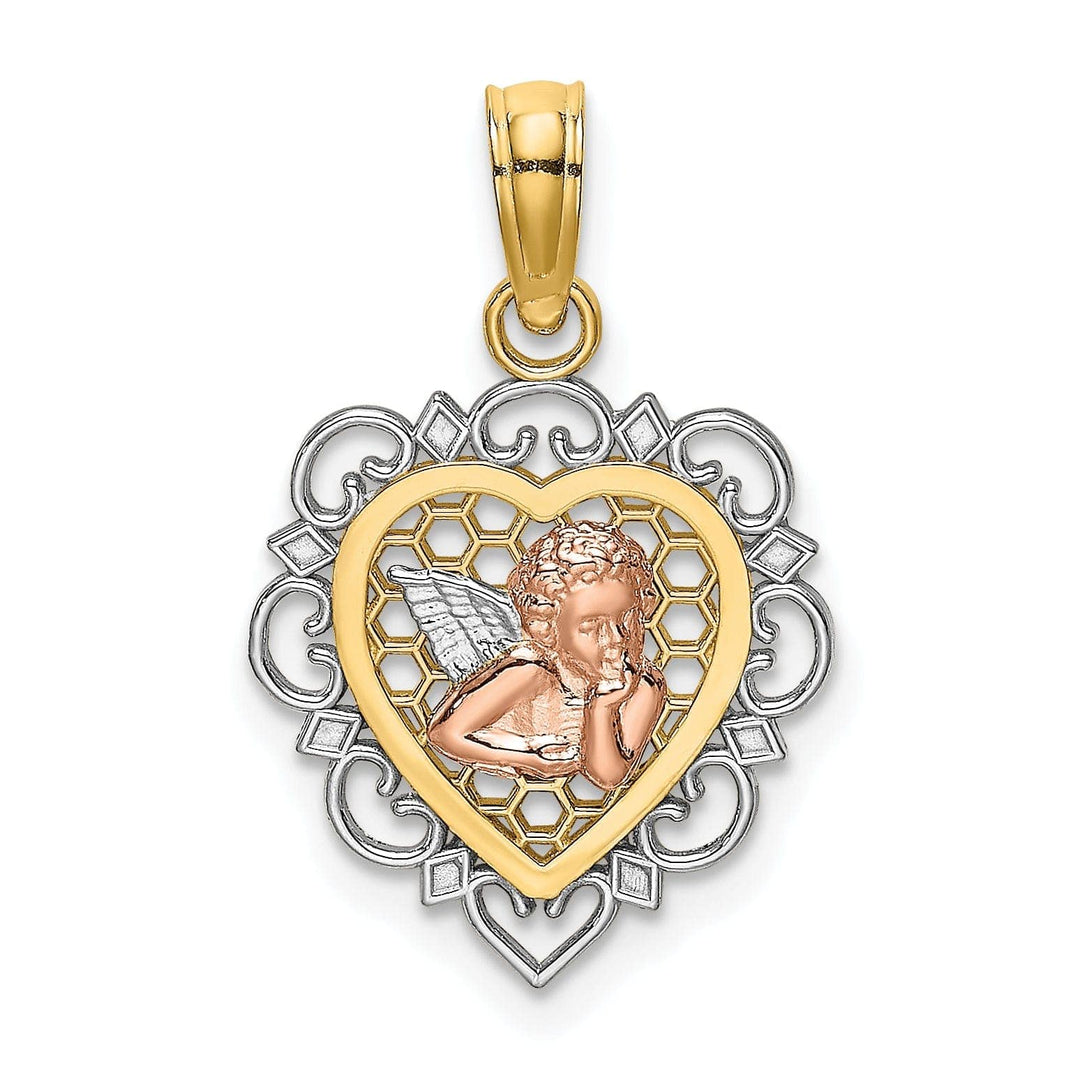 Lovely Rita's Pendants & Charms 14K Yellow Rose Gold White Rhodium Heart Shape Angel Medal Pendant