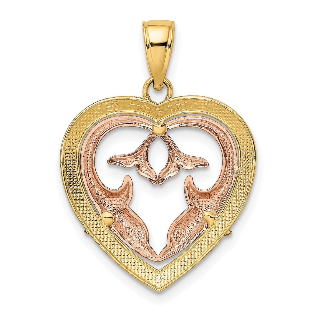 Lovely Rita's Pendants & Charms 14K Yellow Rose Gold White Rhodium Polished Finish Dolphins In Heart Design Frame Charm Pendant