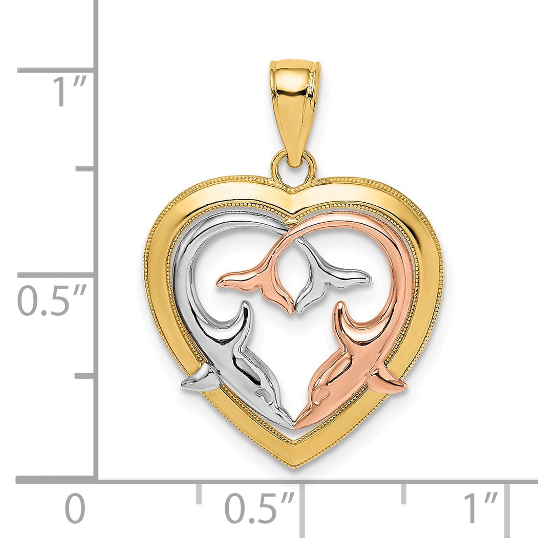 Lovely Rita's Pendants & Charms 14K Yellow Rose Gold White Rhodium Polished Finish Dolphins In Heart Design Frame Charm Pendant