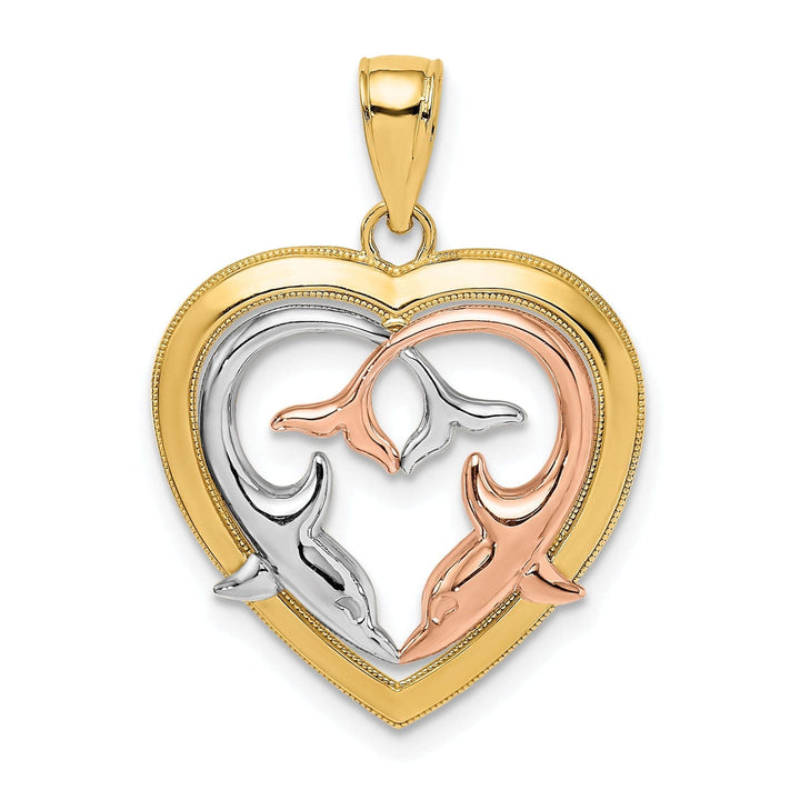 Lovely Rita's Pendants & Charms 14K Yellow Rose Gold White Rhodium Polished Finish Dolphins In Heart Design Frame Charm Pendant