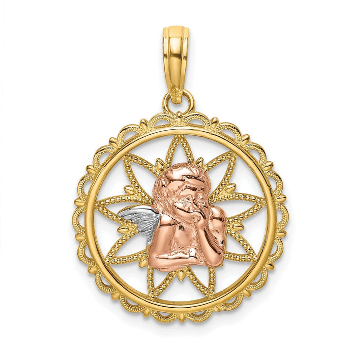 Lovely Rita's Pendants & Charms 14K Yellow Rose Gold White Rhodium Polished Round Angel Medal Pendant