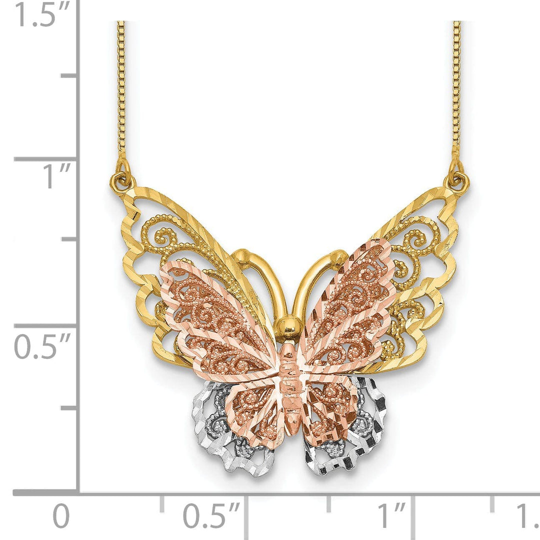 Lovely Rita's Pendants & Charms 14k Yellow, Rose Gold, White Rhodium Solid Diamond Cut Finish Butterfly Design Pendant in a 18-inch Box Chain Necklace Set