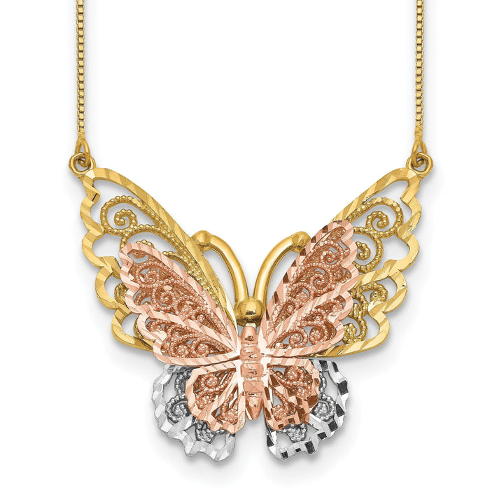 Lovely Rita's Pendants & Charms 14k Yellow, Rose Gold, White Rhodium Solid Diamond Cut Finish Butterfly Design Pendant in a 18-inch Box Chain Necklace Set
