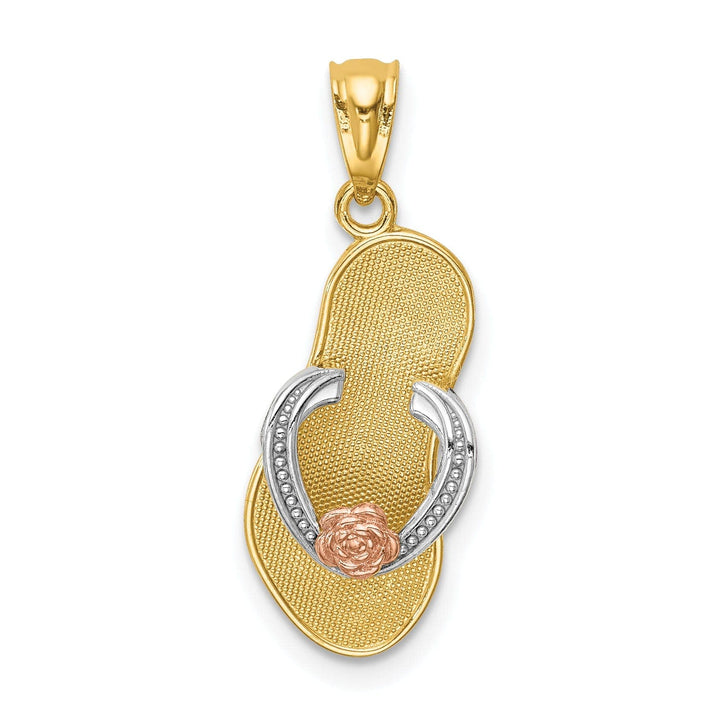 Lovely Rita's Pendants & Charms 14K Yellow Rose Gold, White Rhodium Solid Textured Polished Finish Single Sandal with Flower Design Charm Pendant
