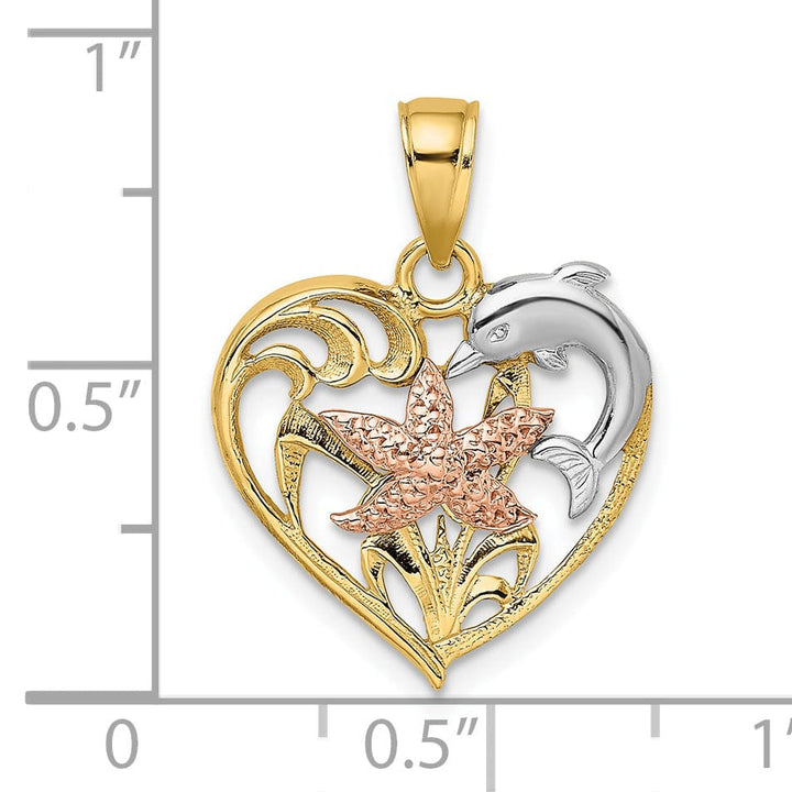 Lovely Rita's Pendants & Charms 14K Yellow Rose Gold White Rhodium Texture Polished Finish Dolphin Starfish In Design Heart Charm Pendant