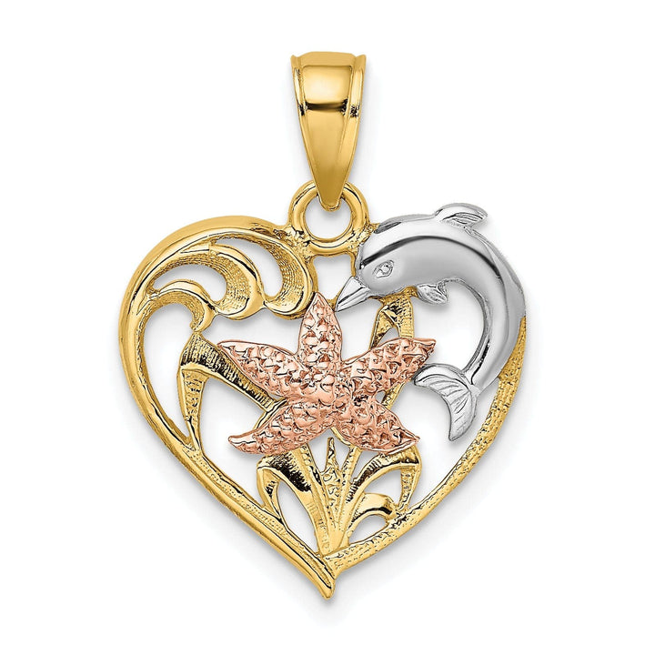 Lovely Rita's Pendants & Charms 14K Yellow Rose Gold White Rhodium Texture Polished Finish Dolphin Starfish In Design Heart Charm Pendant