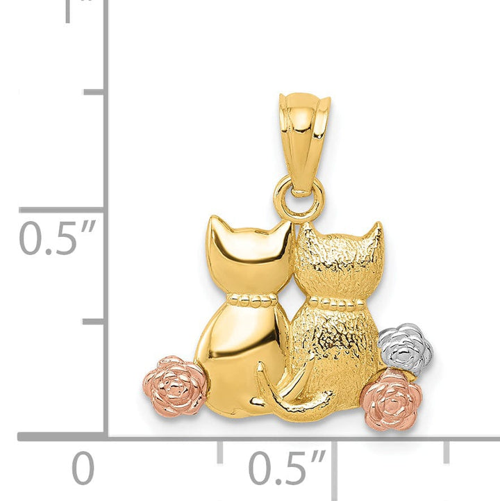 Lovely Rita's Pendants & Charms 14k Yellow Rose Gold White Rhodium Textured Polished Finish Two Cats Sitting Charm Pendant