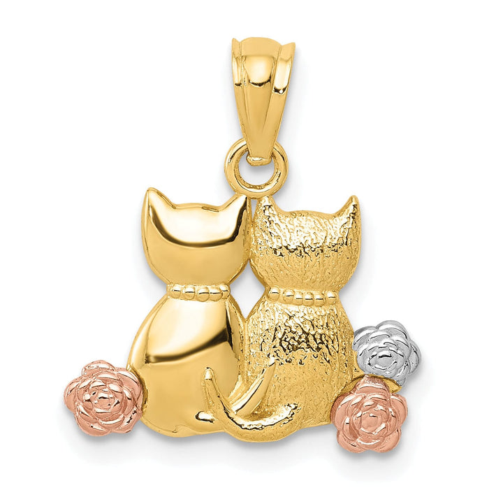 Lovely Rita's Pendants & Charms 14k Yellow Rose Gold White Rhodium Textured Polished Finish Two Cats Sitting Charm Pendant