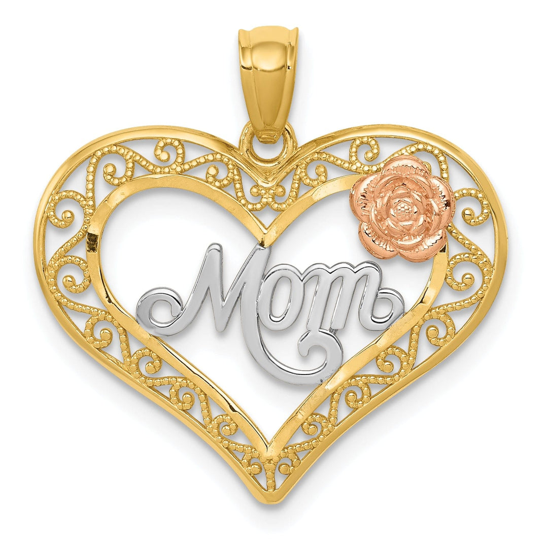 Lovely Rita's Pendants & Charms 14k Yellow Rose Mom in Heart with Rose Pendant