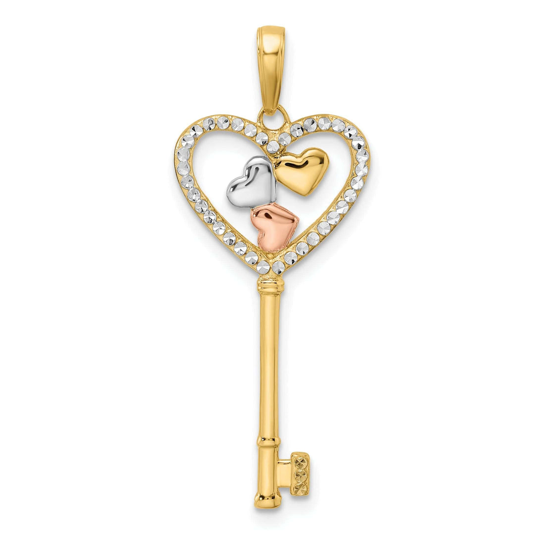 Lovely Rita's Pendants & Charms 14k Yellow White and Rose Gold D.C Concave 3 Hearts Key Charm Pendant