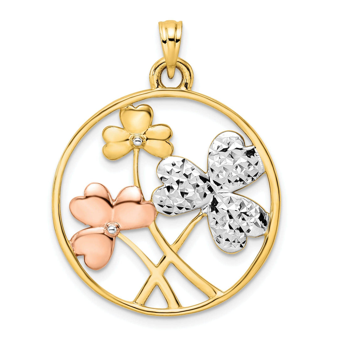 Lovely Rita's Pendants & Charms 14k Yellow White and Rose Gold Solid Flat Back Polished Diamond Cut Finish Clovers Circle Shape Design Charm Pendant